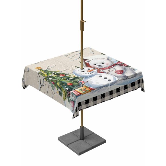 Outdoor Tablecloth with Umbrella Hole and Zipper, Beige Christmas Square Table Cloth 60x60 Inch Waterproof Tablecloth, Xmas Tree Snowman Bear Snowfall Plaid Picnic Table Cover for Patio Camping