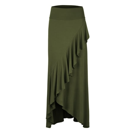 - WB1356 Womens Wrapped High Low Ruffle Maxi Skirt S OLIVE