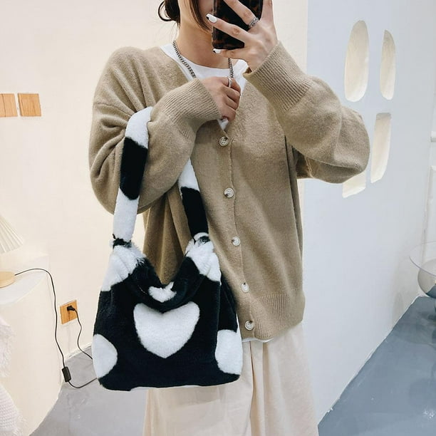 Bolsa Bolso de hombro Retro de leopardo de felpa para mujer, de otoño e invierno (corazón blanco)