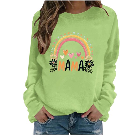 Craaazy Women's Mama Printed Loose Casual Round-neck Long Sleeved Top with Cute Rainbow Print Gifts