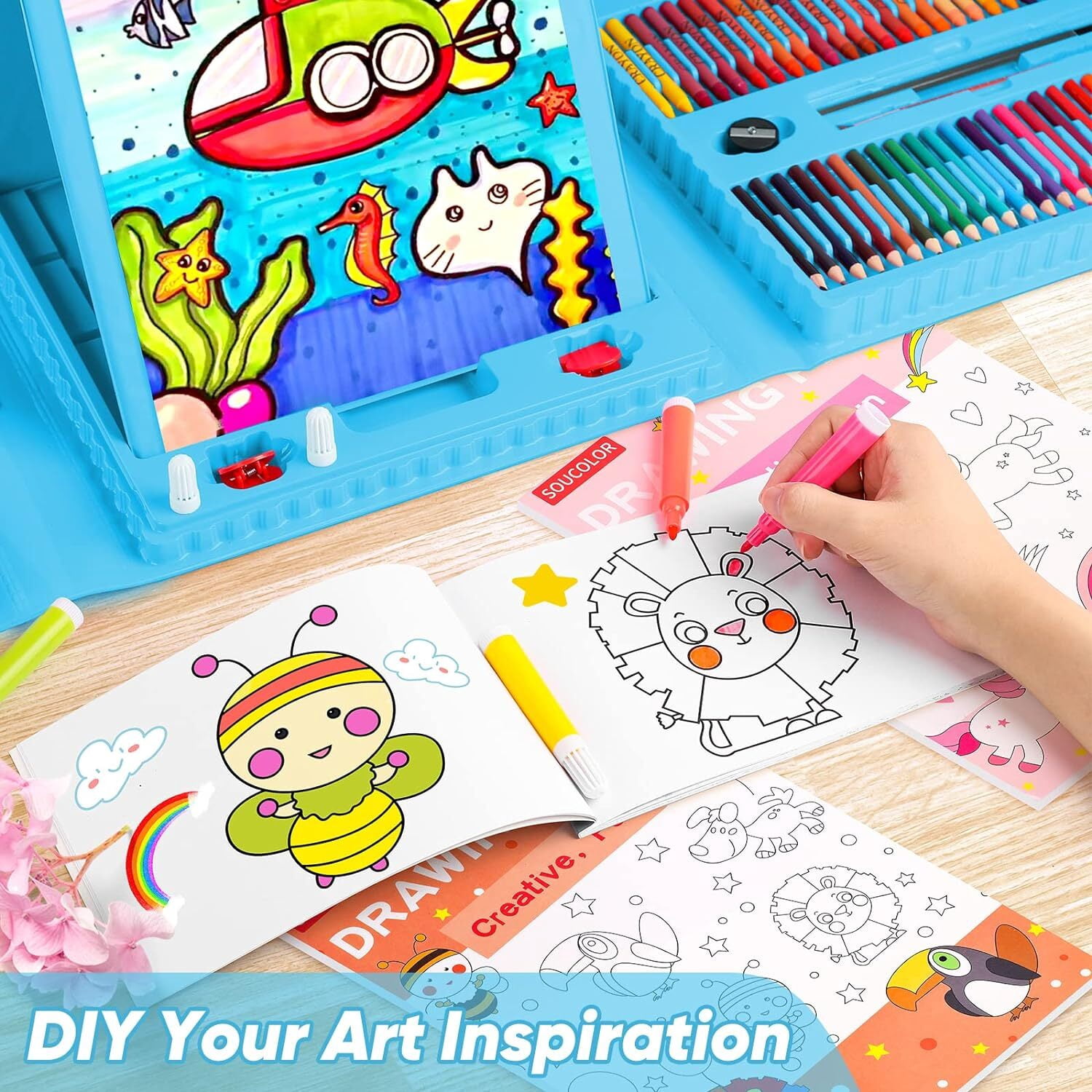 GoXteam 208-Piece Double-Sided Trifold Easel Art Set for Kids, Drawing Art Box with Oil Pastels, Crayons, Colored Pencils, Paint Brush, Watercolor Cakes, Drawing Board (Blue)