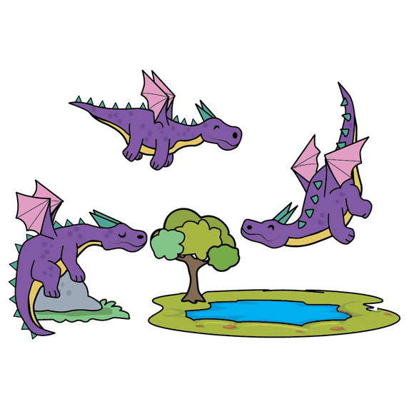 Three Mythical Dragon Beasts Roaming and Playing In The Lake Art for Kid's Bedroom Vinyl Wall Decal - Purple Reptiles from Ancient Times with Fire Breathing Powers on top of the Rock and Tree Artwork