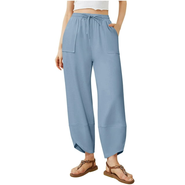 KIHOUT Women's Plus Size Sweatpants Drawstring High Waist Solid Color Summer Loose Straight Leg Pants with Pockets