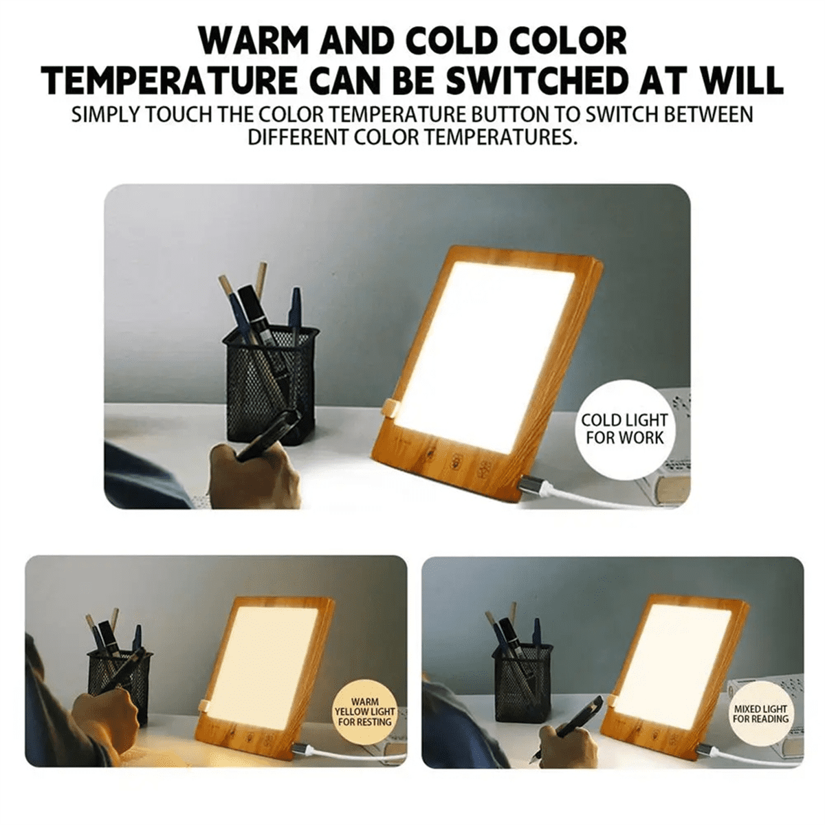 Fluorescent Desk Lamp 10000 Lux Bedside Light Lamp UV-Free LED Simulated Sunlight Touch Control with Wood Color Plastic
