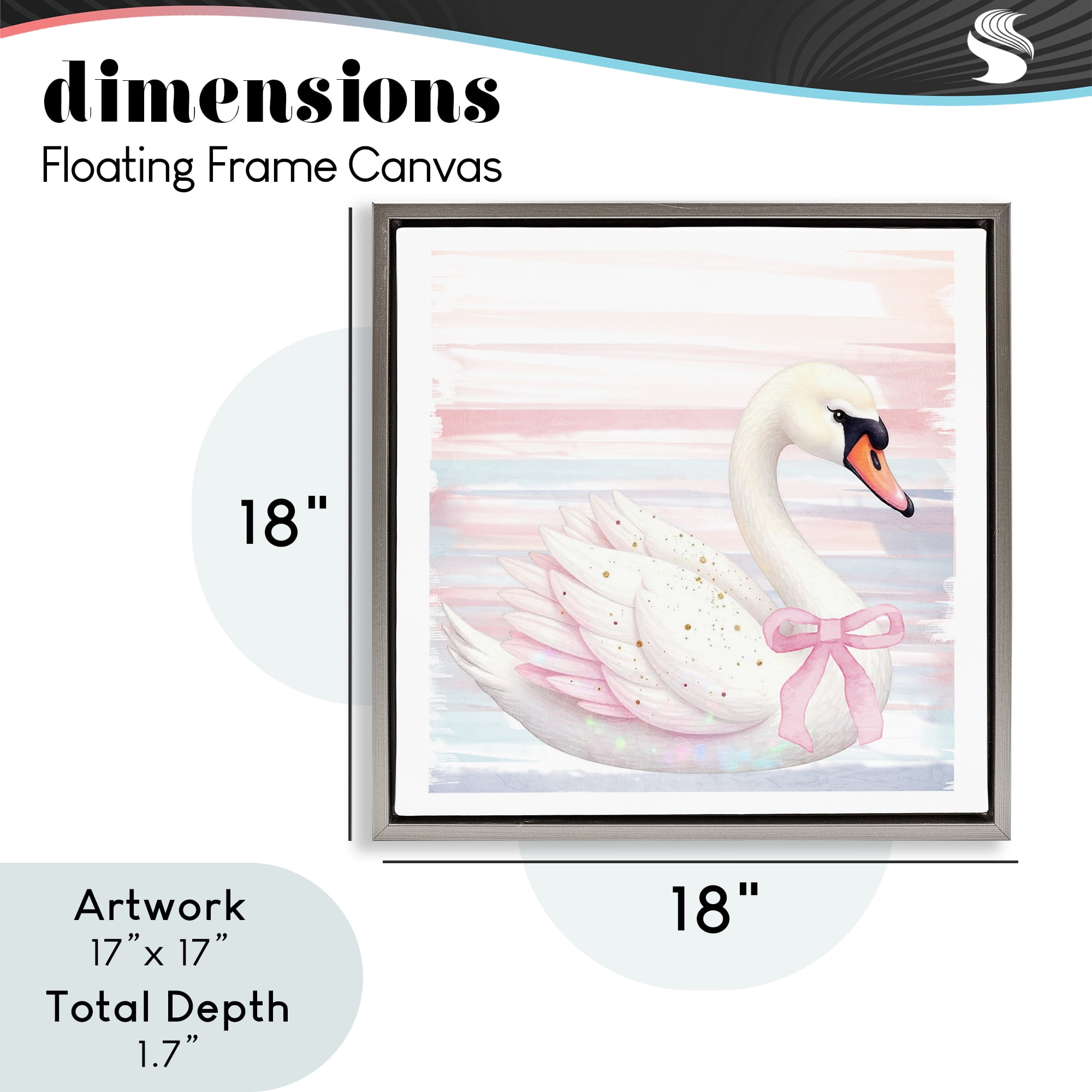 Pink Swan with Ribbon Gray Framed Floater Canvas Wall Art, design by Kim Allen