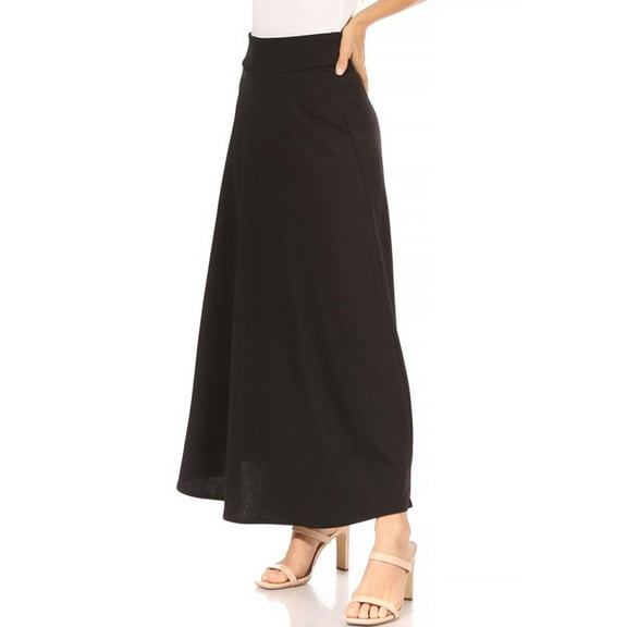 Women's Casual Solid Flare A-line Long Skirt with Elastic Waistband