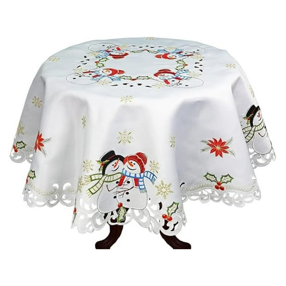 Christmas Tablecloth 52 Inch Round - Embroidered Snowman Snowflake Poinsettia Winter Table Topper - White Festive Holiday Table Linens