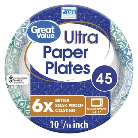 Great Value Ultra Paper Dinner Plates, 10'', 45 Count