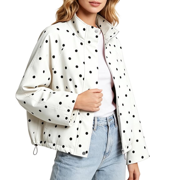 SBYOJLPB Womens Polka Dot Coats Long Sleeve Zipper Waterproof Casual Coat with Cozy Everyday Wear