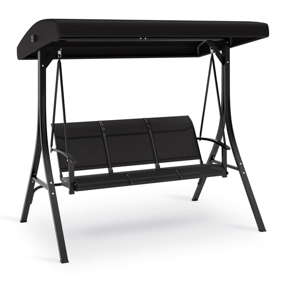 Roromall 3-Seat Patio Swing Chair, Outdoor Porch Hanging Chairs with Adjustable Canopy and Armrests, Breathable Textilene Fabric Seat & Backrest, Swing Bench for Garden, Poolside, Backyard