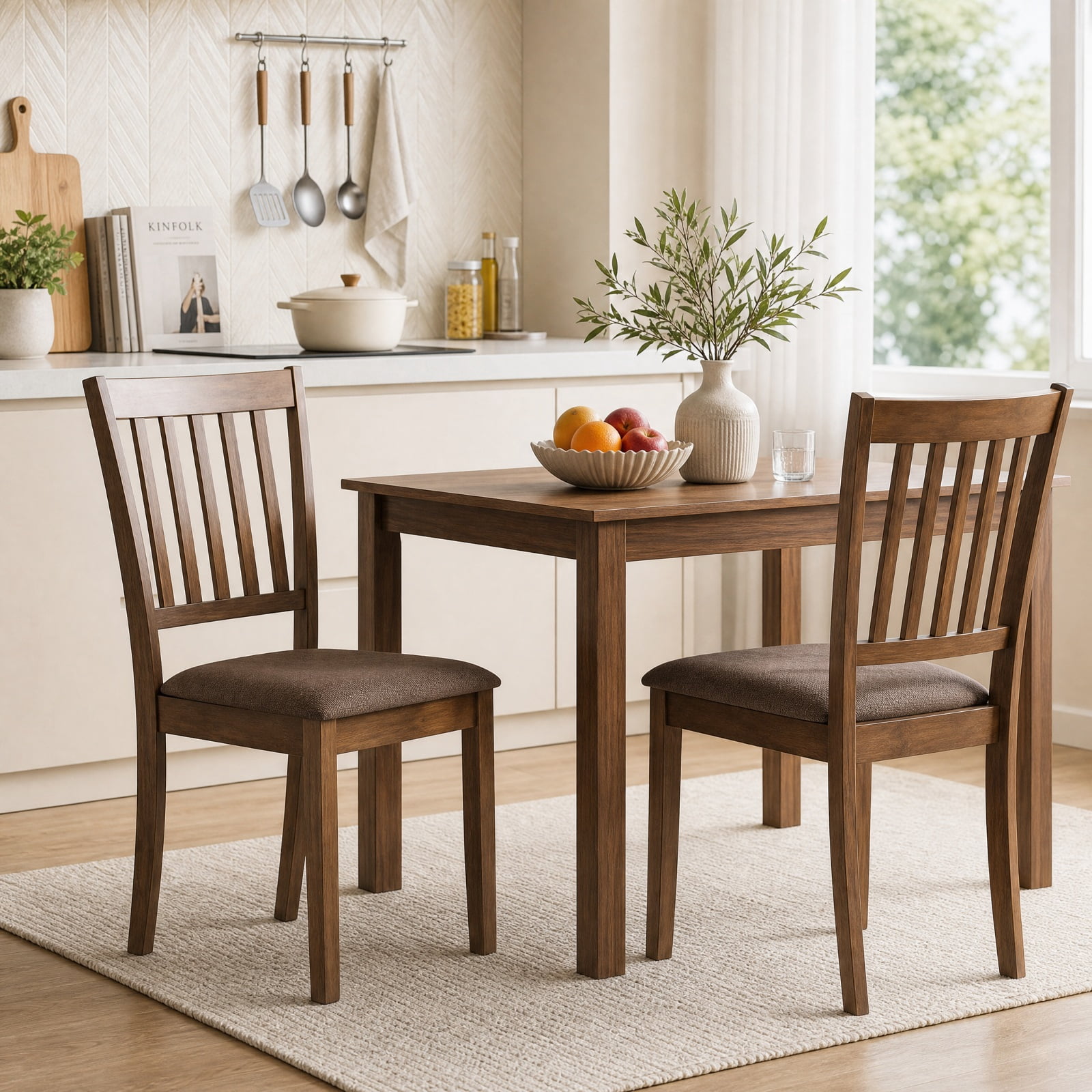 Furnibear Upholstered Wooden Dining Chairs Set of 2 with Padded Fabric Seats and Rubber Wood Frame for Kitchen Dining Room, Brown