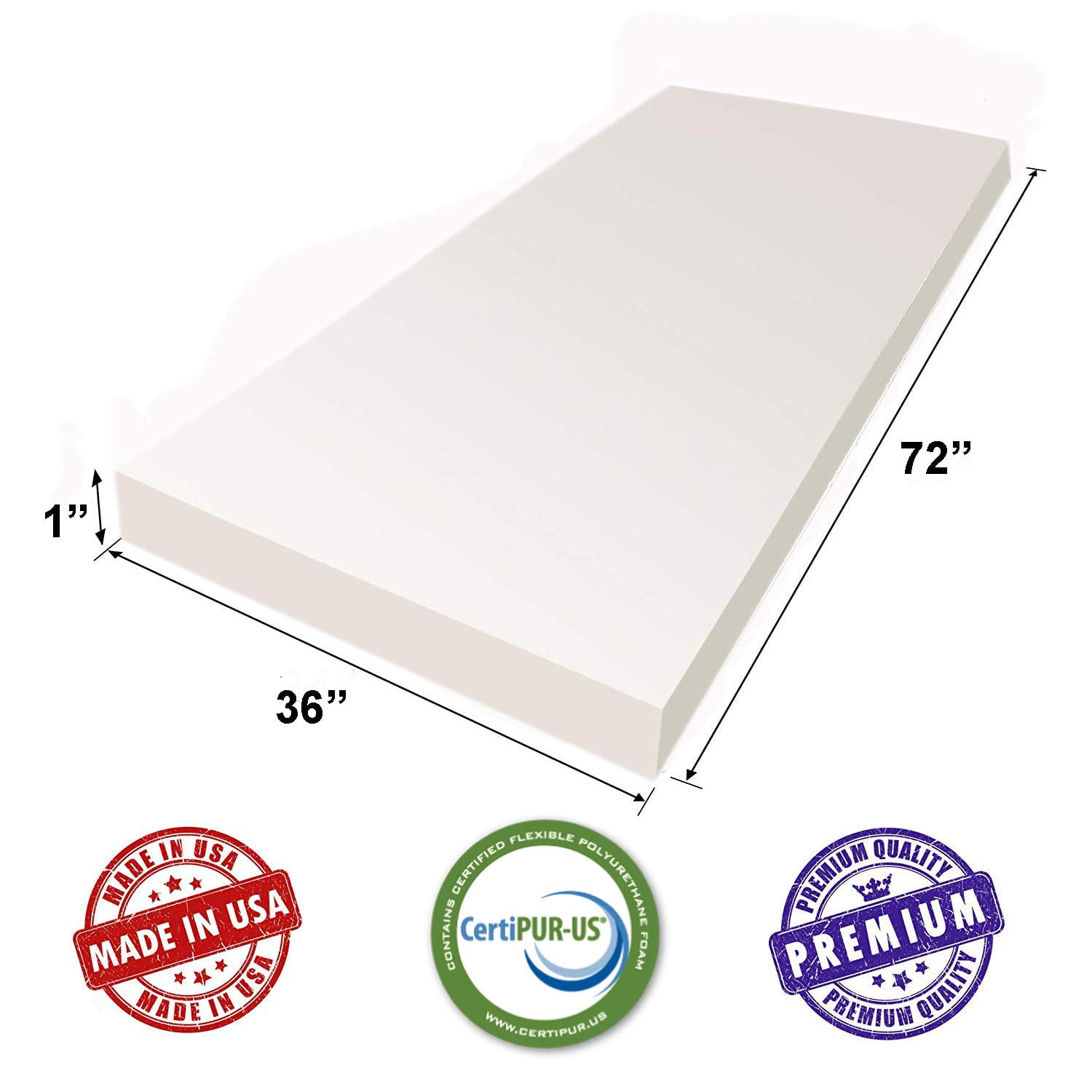 AK TRADING CO. White Upholstery Sheet Foam Padding CertiPUR-US Certified (Seat Replacement, Foam Cushion, Upholstery Sheet) - (1" H X 36" W X 72" L)