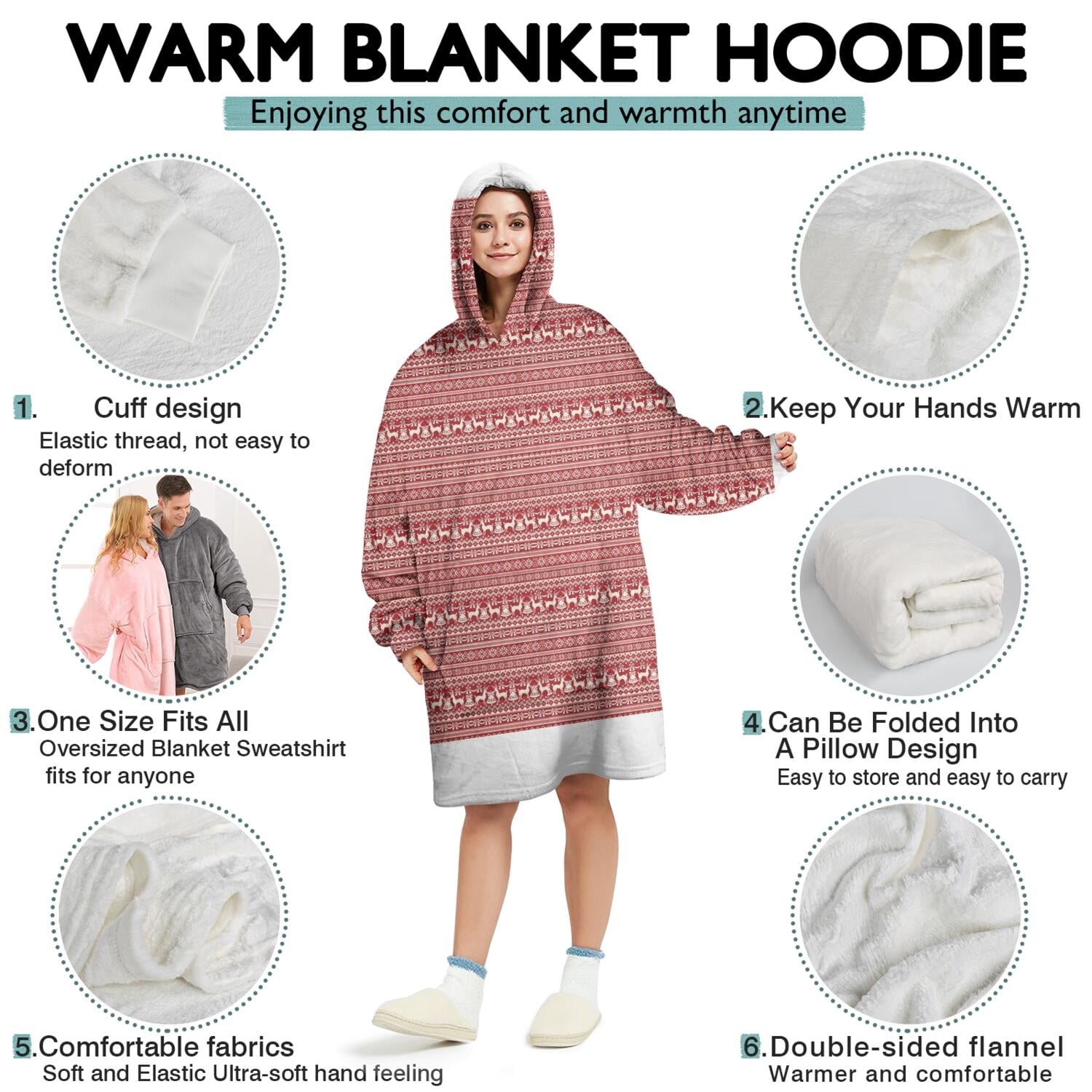 Wearable Oversized Blanket,Red Christmas Folk Pattern Wearable Blanket Hoodie for Adults,Cozy Hooded Blankets with Super Pockets,Super Warm Fuzzy Pullover for Women & Men