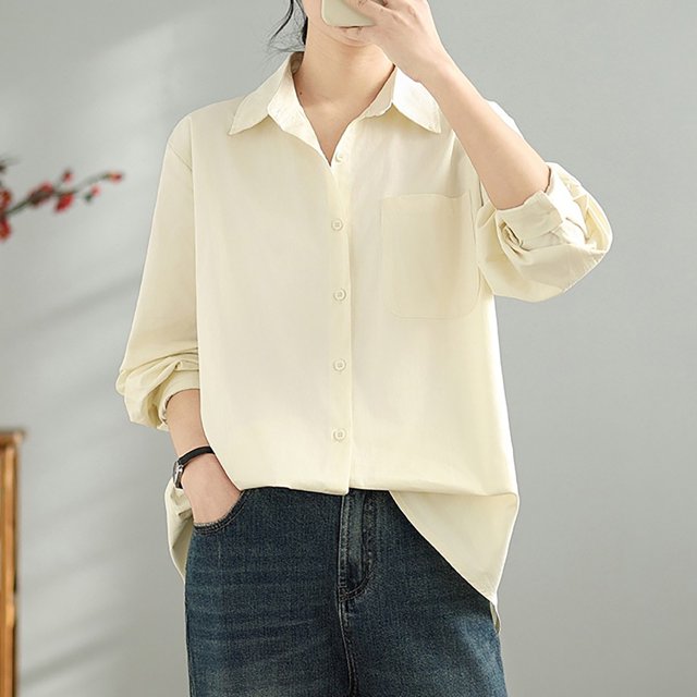 Heisall Womens Spring Autumn Cotton Shirts Casual Blouses Loose Round Neck Tops Layering Vests Inner Wear Outerwear