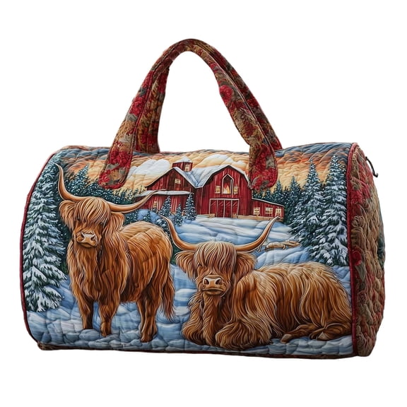 HuiXinOu Highland Cow Quilted Embroidered Tote Bag, Portable Travel Shoulder Bag for Women Girls