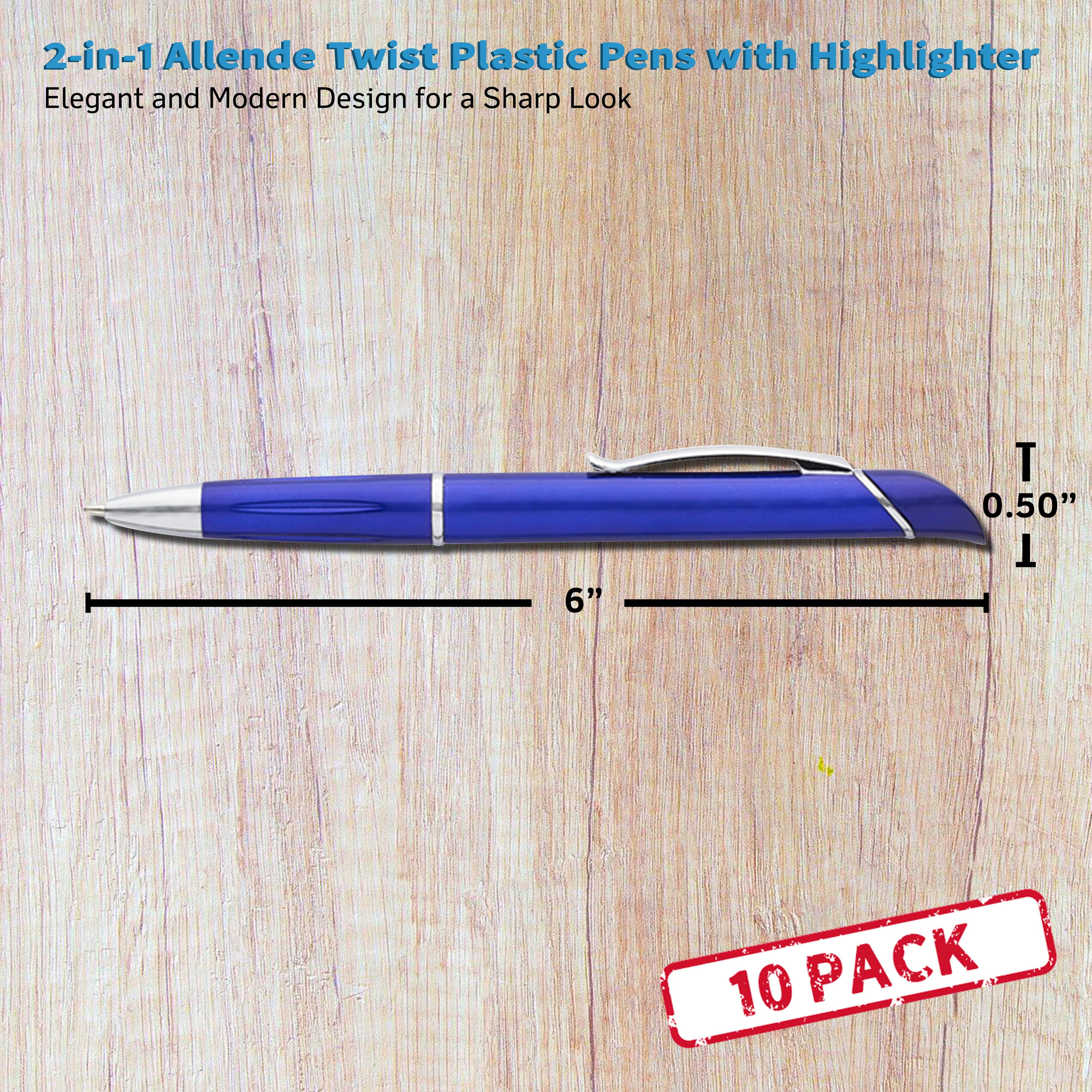 10 Allende Twist Plastic Pens with Highlighter Pack - Stylish, Durable, Black Ink - Blue