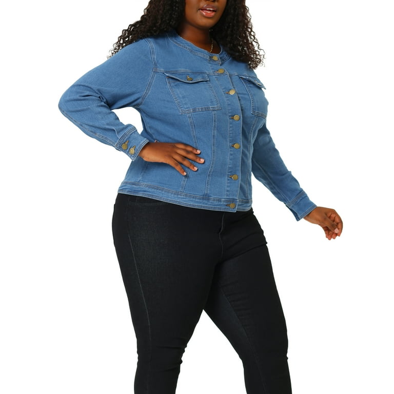 Agnes Orinda Women's Plus Size Long Sleeves Collarless Denim Jacket 