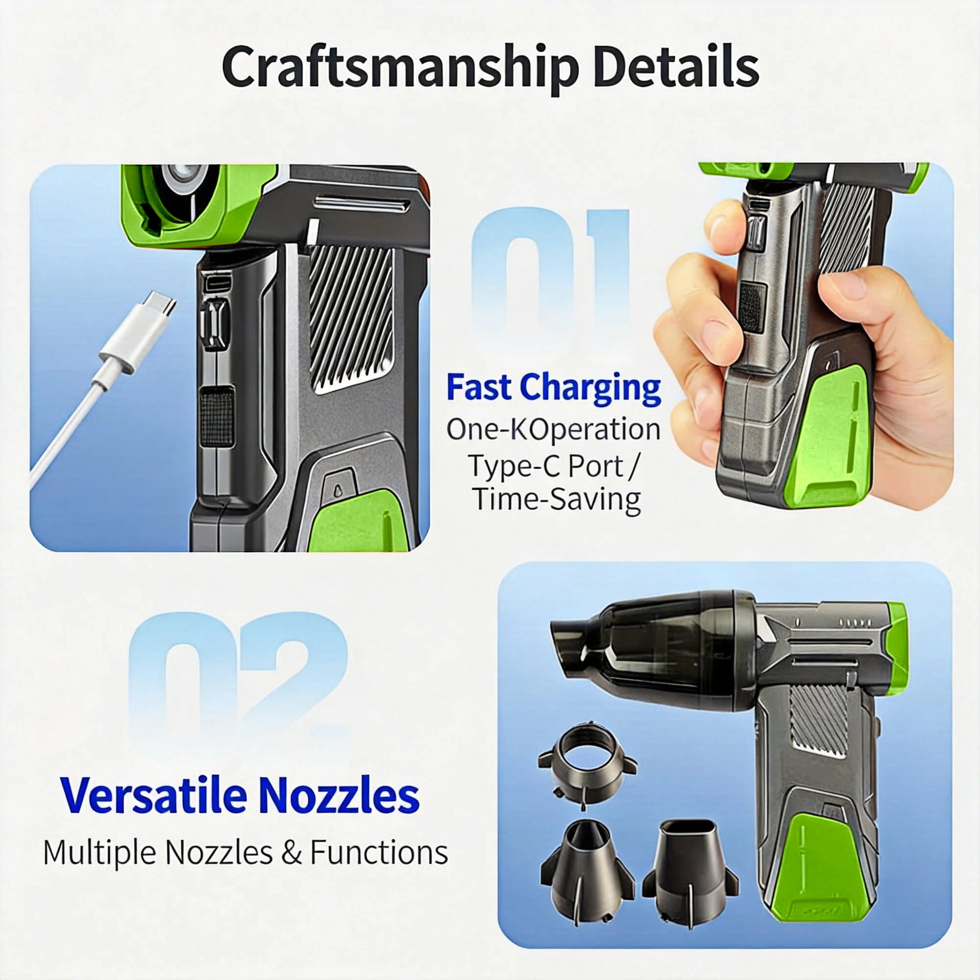Asoricing Compressed Air Duster with Flashlight, 130,000RPM Powerful Electric Air Duster Blower Rechargeable with Brushless Motor, 4-Gear Adjustable Mini Air Blower Cordless, Green