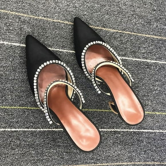 Ins Tide Slippers Women‘s Summer Wear 2024 New Pointed Luxury Rhinestone Sequins Baotou Fashion High-heeled Sandals FGS