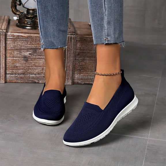 Womens Slip On Flyknit Walking Shoes Breathable Hollow Knit Lightweight Flat Daily Casual Loafers Blue 38