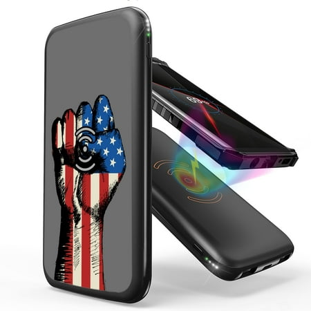

INFUZE Qi Wireless Portable Charger for Nokia XR20 External Battery (10000 mAh 18W Power Delivery USB-C/USB-A Ports) with Touchless Tool - American Flag Fist