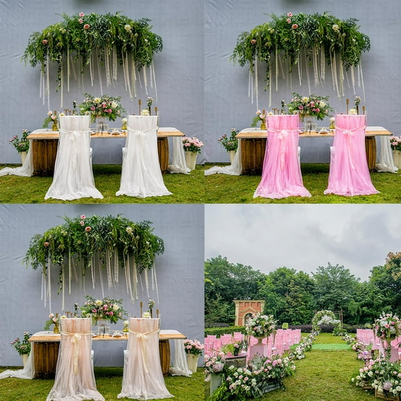 WHAMVOX Fluffy Tulle Chair Cover with Long Bow Ties Mesh Slipcover for Wedding Baby Shower Decor Khaki 2 Pieces