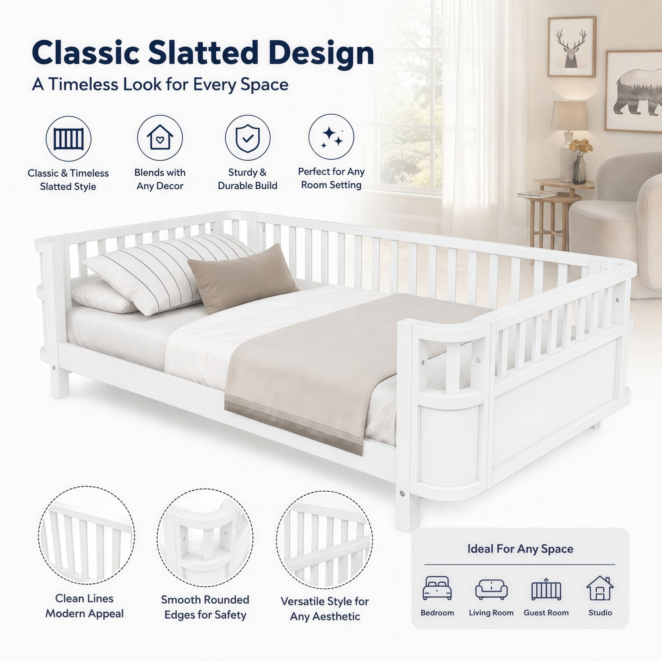 GDF Studio Darpel Full Size Wooden Montessori Bed Frame with Guard Rails, Pine Wood Low-Profile Floor Kids Bed, White