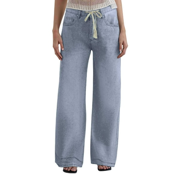 TSADFHJI Long Skirts for Women Winter Set Retro Washed Mid Waist Loose Pleated Straight Leg Version Elastic Waist Versatile Jeans M Light Blue