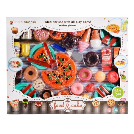 Pizza Party Play Set Kids Plastic Play Food Set Pretend Play Food and Drink Toys with Pizza Tea Party Playset (54 Pieces) ()