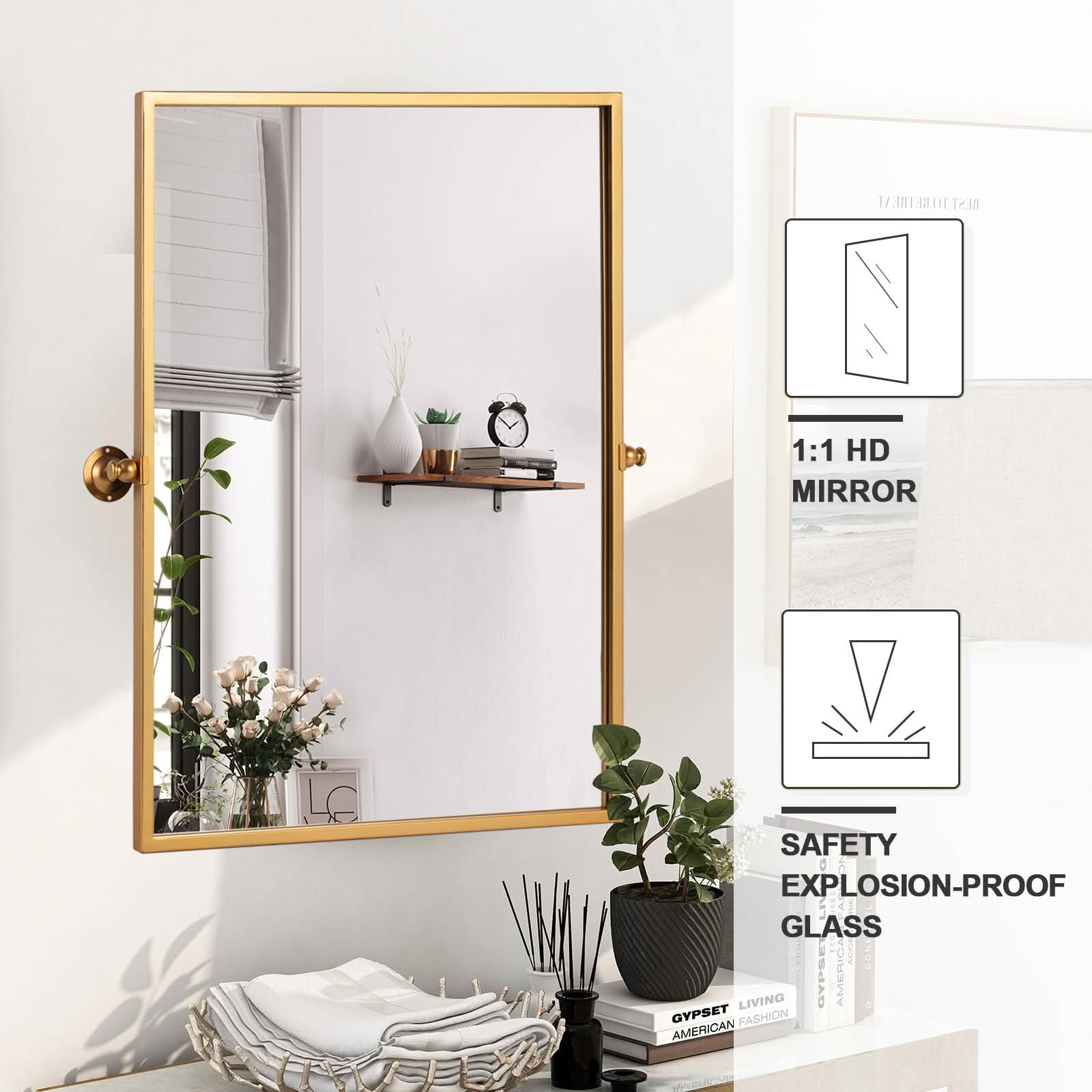 MAYEERTY 38x26x1 Inch Gold Metal Right Angle Rectangular Swivel Wall Mounted Mirror for Bathroom