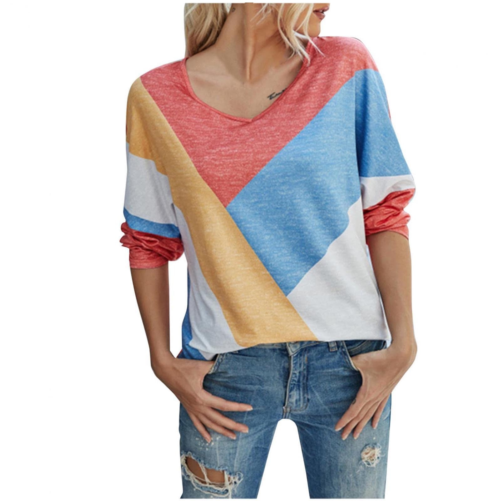 Women Exquisite Smart Smooth V-neck Printing Long Sleeve Polyester Top Blouse Shirt(Orange,S)