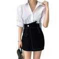 thumbnail image 1 of Camisa de manga corta para mujer, cuello vuelto, espalda plisada con botones, elegante y sencillo Top de verano blanco S, 1 of 8