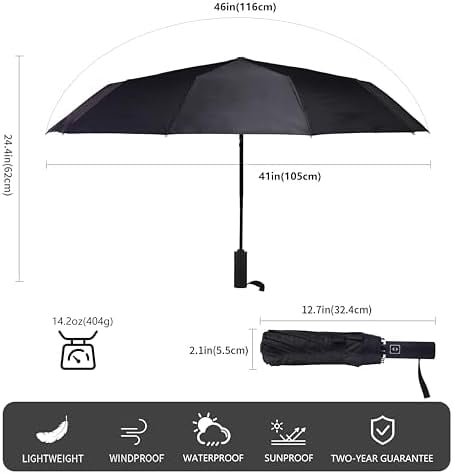 46 Inch Compact Umbrellas for Rain - Travel Small Umbrella - Automatic Folding Umbrella - Windproof Portable Umbrella, Double 10-rib (1 pack)black