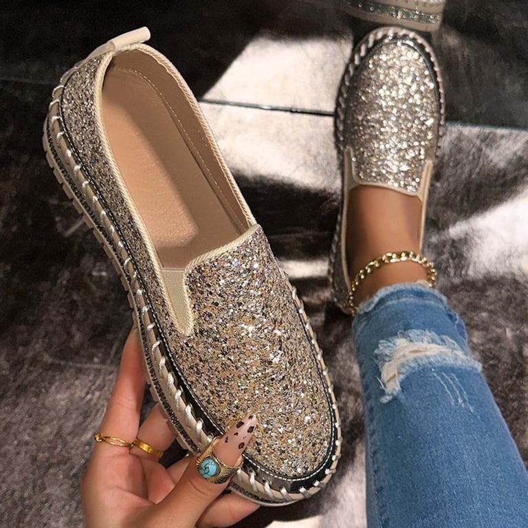 Women's Platform Rhinestones Glitter Fashion Sneakers Comfortable Slip On  Flat Loafers Walking Dress Shoes Casual Shoes Gold Women Sandal -  Walmart.com