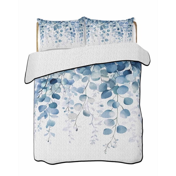 Quilts King Size, Teal Blue Eucalyptus Leaves Soft Comforter Bedding Set for Bed, Spring Farmhouse Botanical Lightweight Quilted Bedspread with Pillow Cover(2 Pieces) for All Season, 96x106 Inch