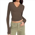 thumbnail image 2 of Camisas de Larga de Moda para Mujer, Blusas de Otoño con Cuello en V, Ajustadas y Recortadas, Conjuntos Y2K. Camello M, 2 of 7