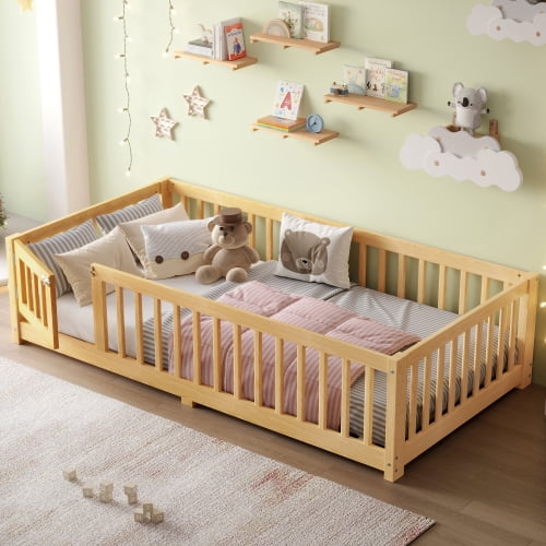 Modern Twin Size Floor Bed with Safety Guardrails and Door, Low Profile Design, Removable Slats for Versatile Use, Secure Sleeping and Playing Area, Natural