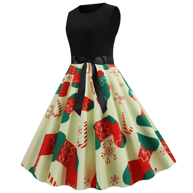 HKEJIAOI Robes de Cocktail Cadeau d'Anniversaire Noël Femmes Rétro Imprimé Patchwork Sans Manches Soirée Col Rond Fermeture Éclair Fête Bal Vintage Robe Économies Liquidation Rouge