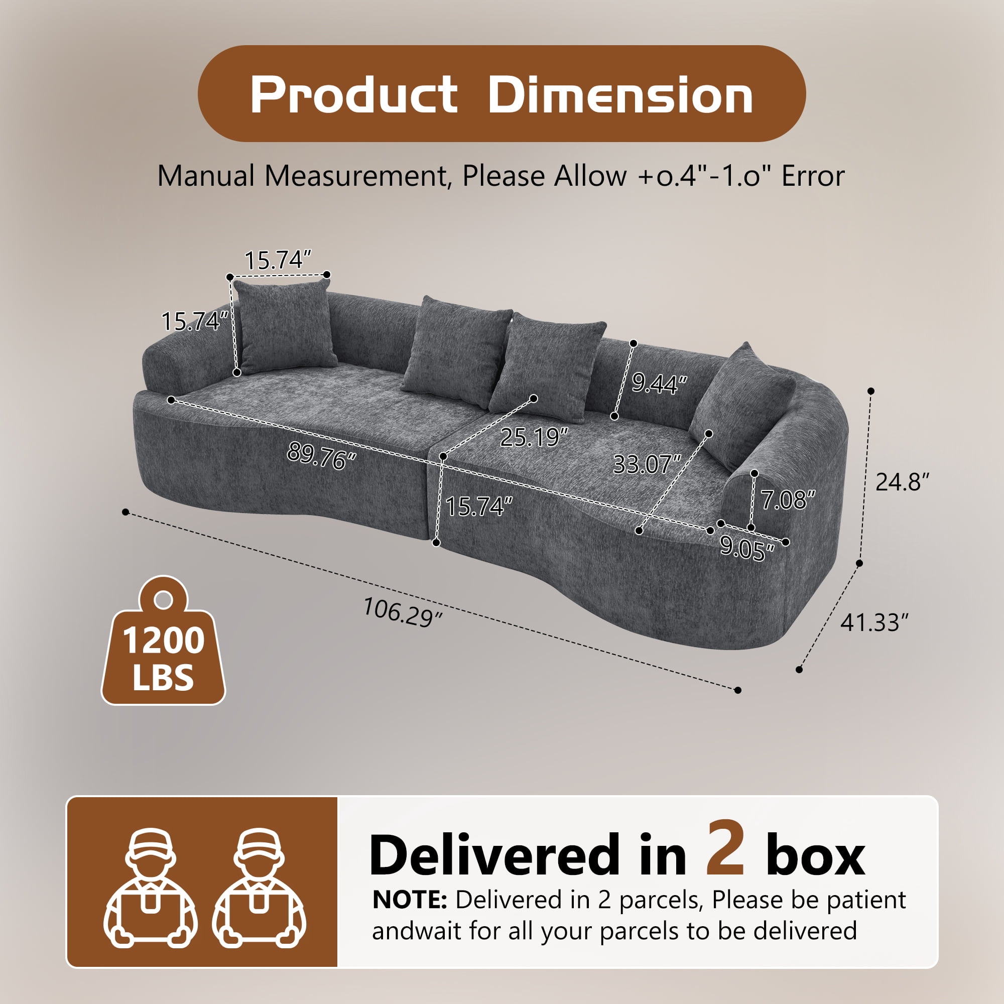 Leumius 108" Curved Boneless Sofa, Compression Modular Sectional, Chenille Couches Sleeper for Living Room Bedroom Apartment Lounge Grey