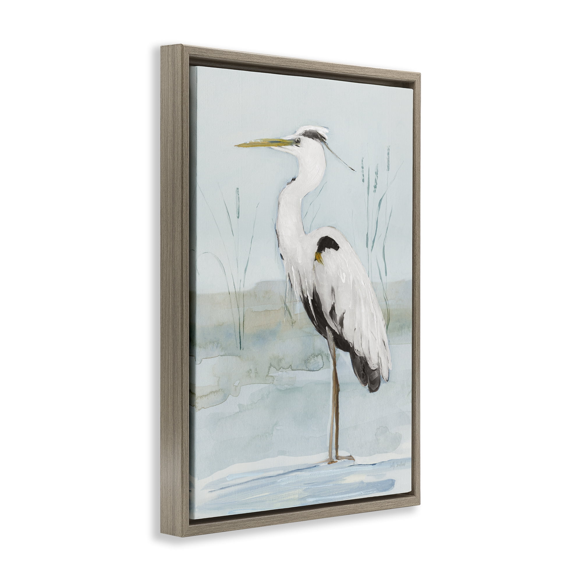 Stupell Industries Standing White Egret Animals Painting Brown Floater Framed Canvas Art Print Wall Art, 17 x 25