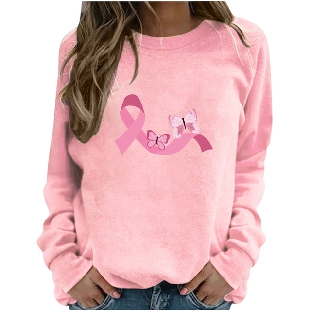 Meichang Women Pink Ribbon T-Shirts Long Sleeve Round Neck Lounge Sweatshirts Pink Ribbon Graphic Pullover In October Shirts Sweaters