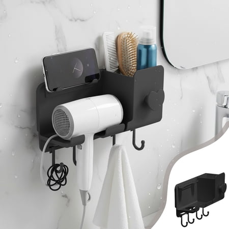 Merryso No Drill Multifunctional Hair Dryer Wall Mount - Space Saving Black Plastic Holder with Hooks & Phone Rack