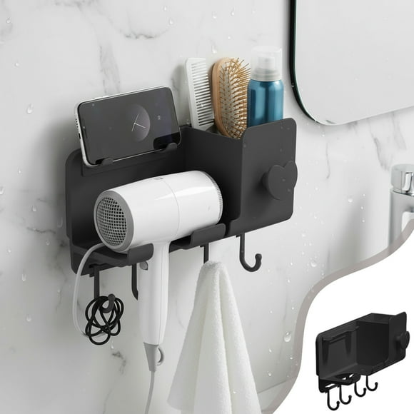 Soporte de pared para secador de pelo de baño sin taladro, multifuncional, grueso, para ahorrar espacio, con gancho y soporte para teléfono, estante de almacenamiento de plástico.