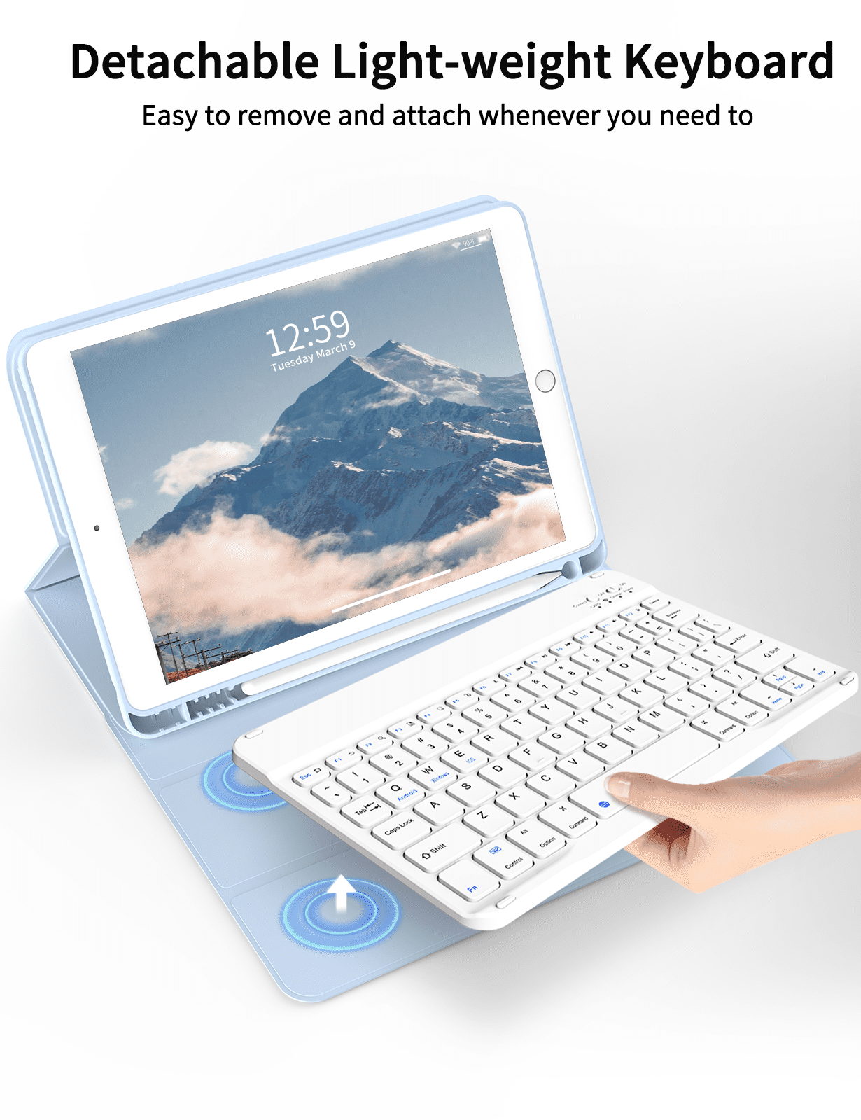 Aoub Keyboard Case for iPad 6th / 5th Generation 2018/2017 9.7 Inch, iPad Air / Air 2, Magnetic Detachable Wireless Bluetooth Folio Stand Rechargeable Keyboard Cover with Pencil Holder, Blue