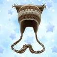 thumbnail image 2 of DFEK Star Cat Ear Hat for Adults Hand Crocheted Warm Striped Wool Winter Earflap Cap Brown One Size, 2 of 3