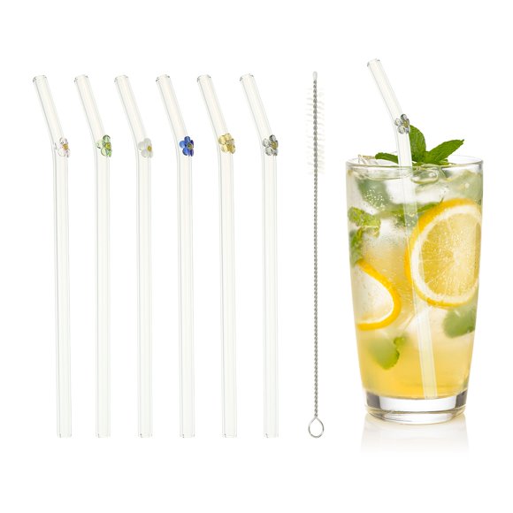 6 Pcs Pajitas de Vidrio Reutilizables, 7.87" Pajita de Vidrio con Flores Resistente a los Golpes, Pajitas Lindas para Whisky, Café, Jugo, Refrescos, Té, Azul/Verde/Rosa/Gris/Blanco/Amarillo