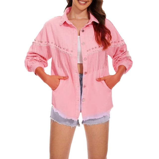 Pompotops Femmes Mode Décontractée Veste en Jean Unie Manteau à Manches Longues Chemise à Boutons Vêtement d'Extérieur Liquidation