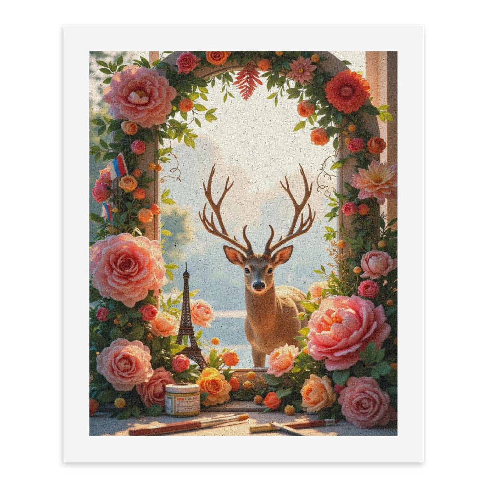 Paint By Numbers Kit for Adults Beginner - DIY Deer In Flower Frame With Miniature Tower Canvas Painting Kits for Adults, Frameless Paint By Number for Adults for Home Wall Decor 16x20 Inch