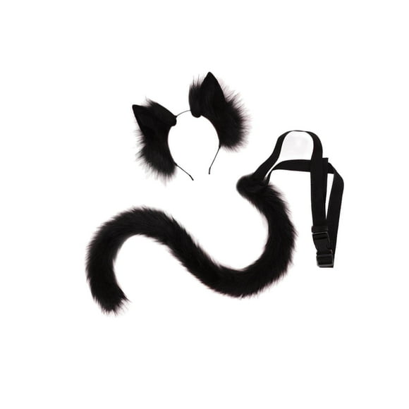 2Pcs Cat Ears and Tail Fur Cat Ears Set Faux Fur Long Tail for Anime Cosplay Costume Kits Black