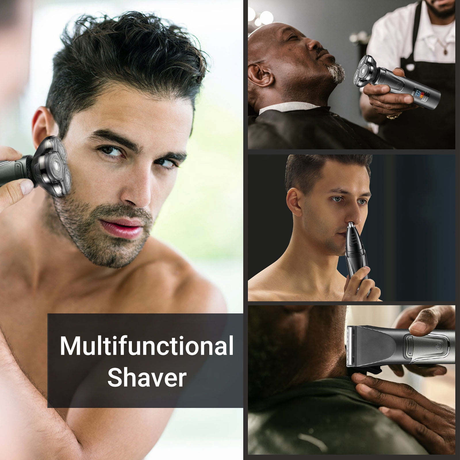 OCTMOM Electric Shavers for Men, 3-in-1 Cordless Beard Trimmer, Nose Hair Razor, Waterproof  for Wet Dry Use, Black